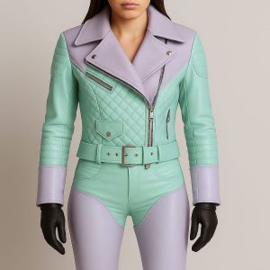 Women’s Pastel Quilted Leather Biker Suit – Mint Green & Lavender Custom Design