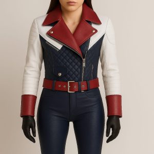 Women’s Custom Quilted Leather Biker Suit – Red, White & Navy Panel Design
